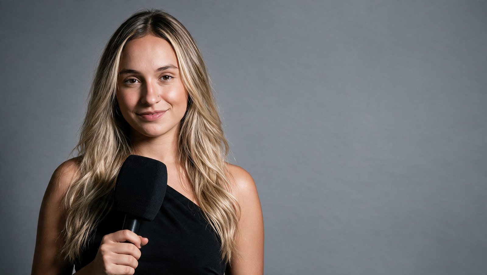 Izabella Giannola, jornalista, com microfone em estúdio